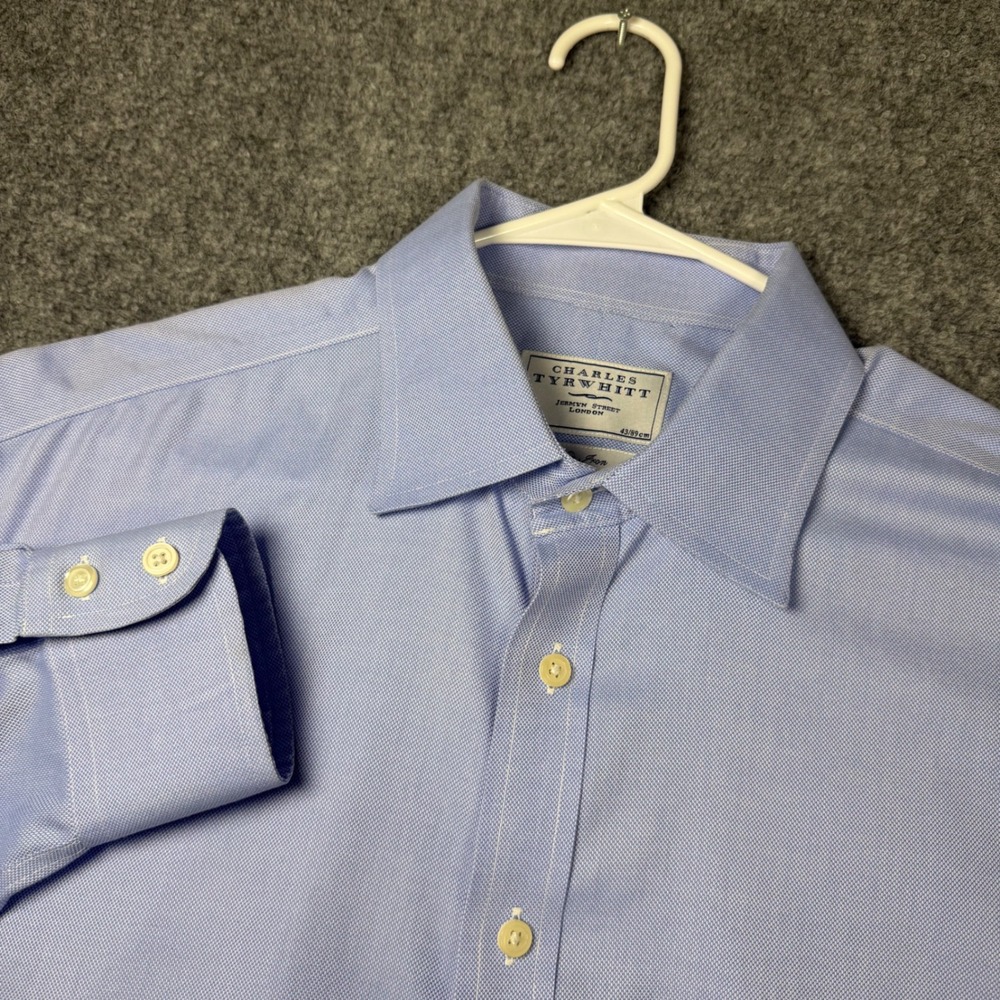 Charles Tyrwhitt Dress Shirt Mens 17/35 Blue Cotton Extra Slim Fit Non-Iron
